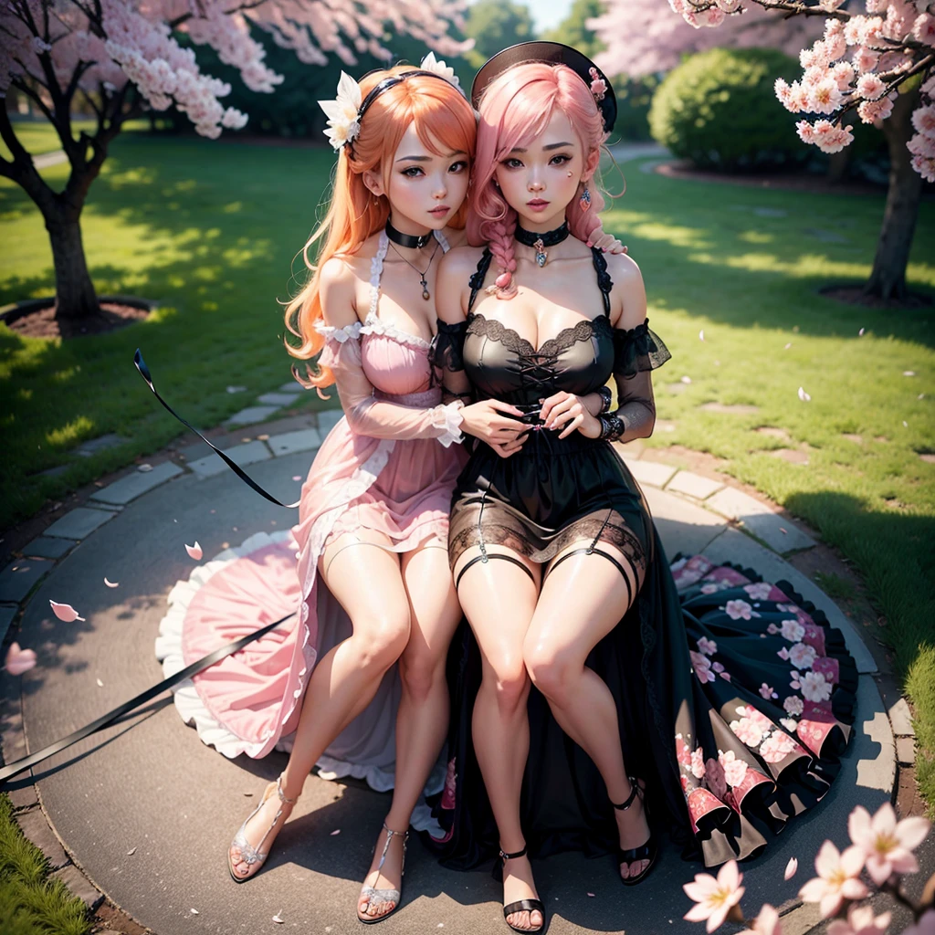 (masterpiece), best quality, high quality, 8k, wallpaper, DLSR, (ultra-detailed:0.4), (perfect face), best quality, perfect face,((2girls)) ((under cherry blossom tree)), (detailed expressive shiny pinkish eyes, expressive makeup), ((wearing Body-hugging detailed translucent lolita dress, with leashes on dress, cleavage)), braided long orange hair, ((underwear shining trough dress)), wearing expressive jewllery, 