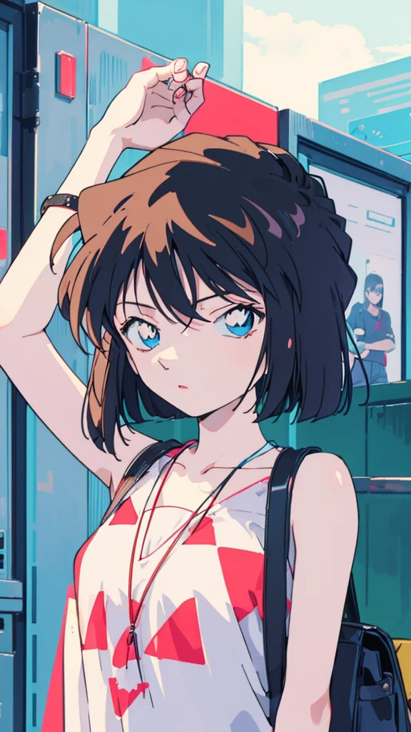 masterpiece, best quality, beautiful face, (street, upper body:1.4), anime style, (1girl in, Solo:1.0), (Haibara Ai), ((Short pants)), (((Big eyes))), (Cute anime girl head), (flat chest),looking at viewer,With a height of 100cm, shoot from front, (head shot), Simple line minimalism, Abstract Art, City background, anime opening movie
