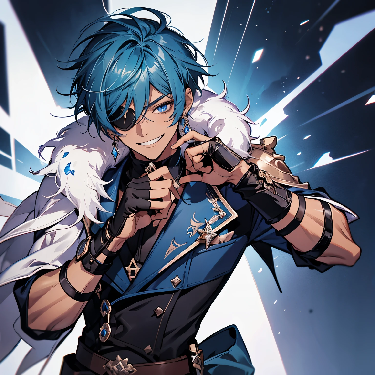 kaeya (genshin impact), 1boy, male focus, eyepatch, dark-skinned male, gloves, solo, jewelry, blue hair, earrings, long hair, blue eyes, single earring, dark skin, bangs, black gloves, fingerless gloves, grin