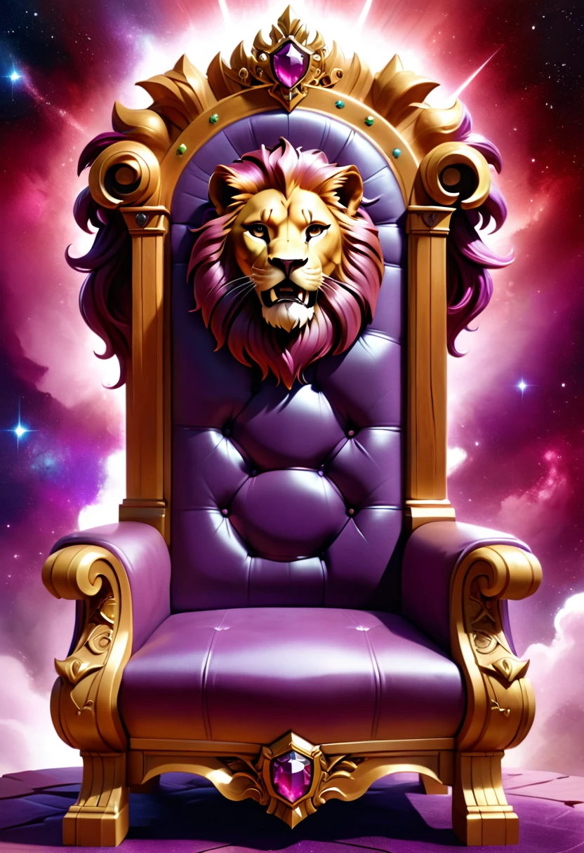 a picture of a massive epic throne, it has purple silk cushions, rubies, topaz, aquamarine gemstones artwork, the throne is epic in its majestic, power, and royalty, symmetric with many wood leonine carvings on the handle, (a roaring lion head carved on the top of the seat of the throne: 1.3), there is and gem artwork, behind the throne there are stars and nebulas of space a sense of high royalty, nobility and magic , (masterpiece: 1.4) intense details, highly detailed, photorealistic, best quality, highres,16k, [ultra detailed], masterpiece, best quality, (extremely detailed), close up, ultra wide shot, photorealistic, RAW, fantasy art, dnd art, fantasy art, realistic art,((best quality)), ((masterpiece)), (detailed: 1.5), ladyshadow, RagingNebula