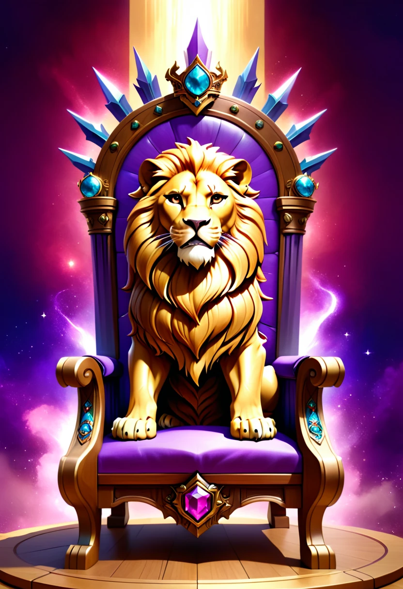 a picture of a massive epic throne, it has purple silk cushions, rubies, topaz, aquamarine gemstones artwork, the throne is epic in its majestic, power, and royalty, symmetric with many wood leonine carvings on the handle, (a roaring lion head carved on the top of the seat of the throne: 1.3), there is and gem artwork, behind the throne there are stars and nebulas of space a sense of high royalty, nobility and magic , (masterpiece: 1.4) intense details, highly detailed, photorealistic, best quality, highres,16k, [ultra detailed], masterpiece, best quality, (extremely detailed), close up, ultra wide shot, photorealistic, RAW, fantasy art, dnd art, fantasy art, realistic art,((best quality)), ((masterpiece)), (detailed: 1.5), ladyshadow, RagingNebula