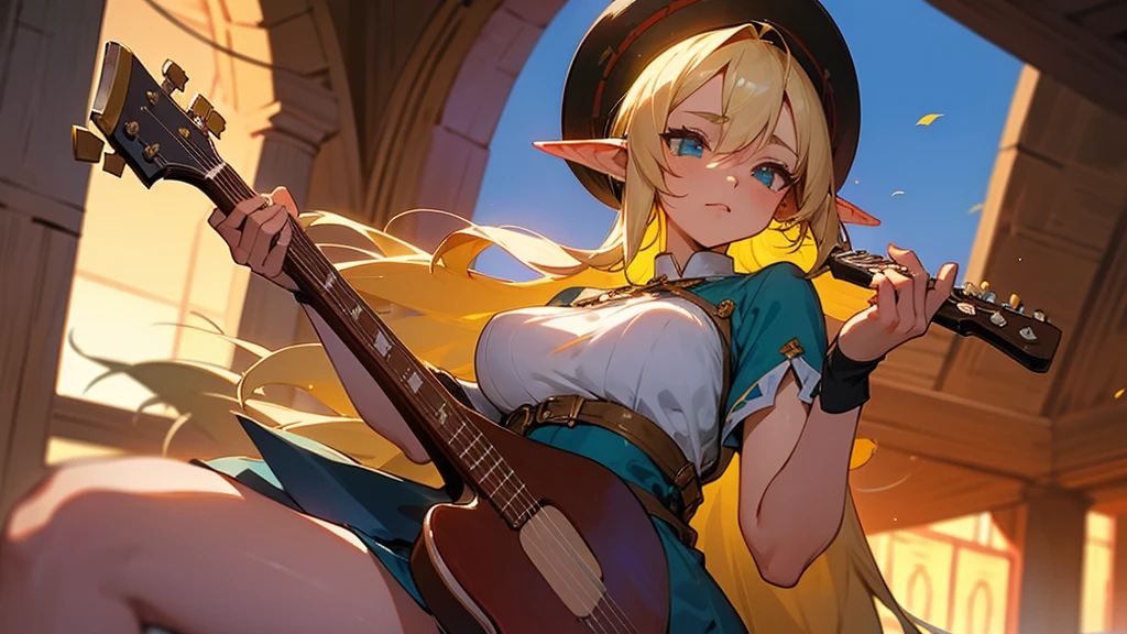 Anime Style,Nostalgic,Detailed background,The medieval world,A lively bar with lots of people,Beautiful sky,Beautiful Elf Bard,guitar,Large Breasts,Healthy thighs