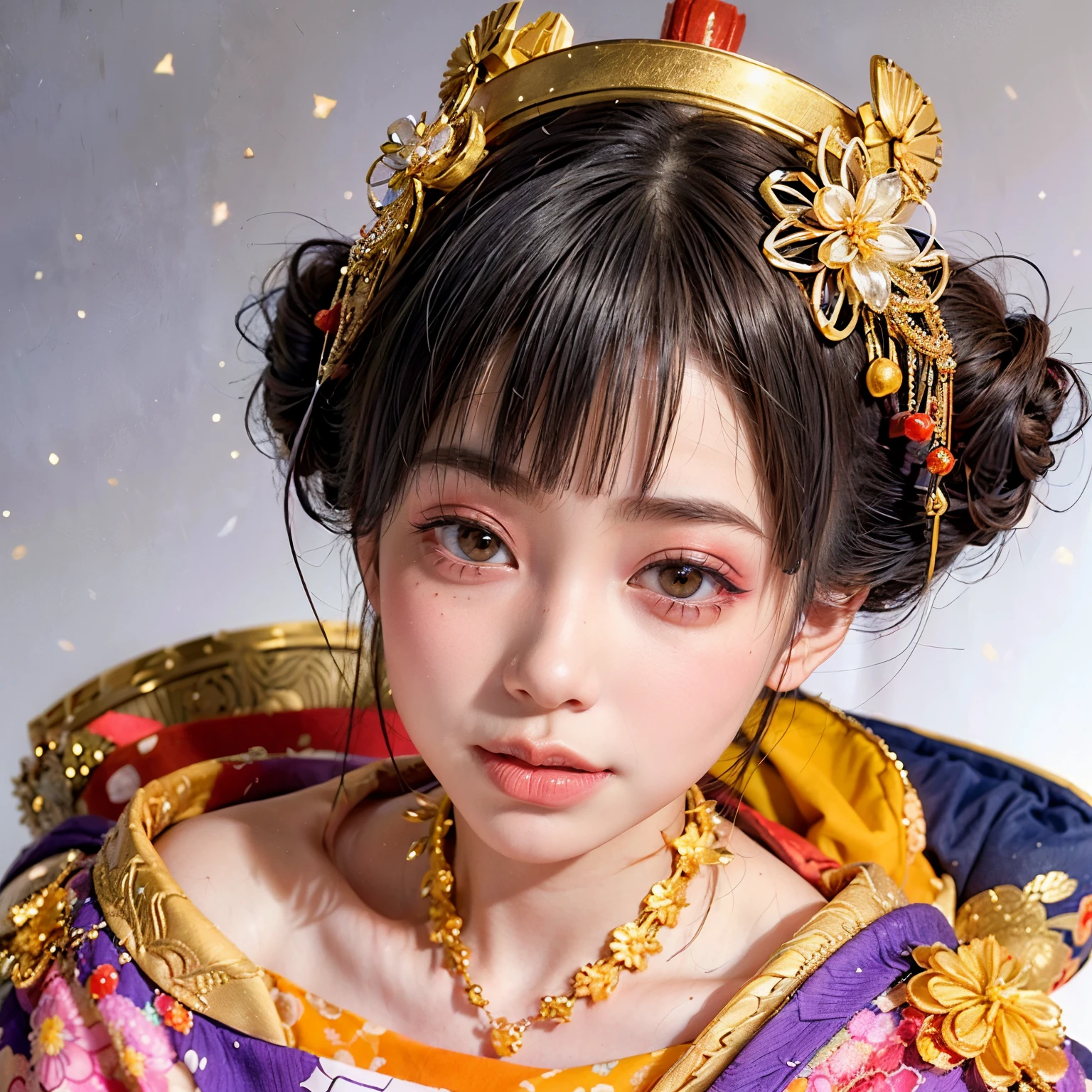 (PUNIPUNI clavicle KIMONO ((offshoulder)) KANZASHI FlowerHairpins Topknot TwinBun Oiran-Hair)High-level, 8K Masterpiece TopQuality, Ultra-detailed CG, Absurd detailed wallpaper, PerfectLighting, Extremely detailed (((Personifying " OIRAN " as a KAWAII Girl))), Characteristic Items, aesthetic LifeLike Rendering, MysticSight, Haze Tyndall Scattering, (Studio GRAY Background with (Oodles Dazzling Iridescent 🌈Particles (BokeH))), (((Assfocus)) RoundlyButt) ThighGap, (Exposed:0.44) 🔞 BREAK (Acutance:0.8), (NOGIZAKA FaceVariations) Extremely Detailed very KAWAII FaceVariations, Childish CaptivatingGaze ElaboratePupils ParfectEyes with (SparklingHighlights:1.28), (Voluminous LongEyelashes:0.88), 💄💋✨ GlossyRedLips with BeautifulDetails, CoquettishTongue, PUNIPUNI RosyCheeks, Radiant PearlSkin with Transparency, Glowing DowneyHair . { (Dynamic LifeLike expressions:1.4) | (:d) }, (large eyes:-1) .