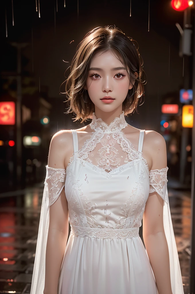 ((Highest quality, 8K, lace maxi dress, Standing in the rain, Red Light District, Highly detailed face and skin texture, Fine grain, double eyelid.)