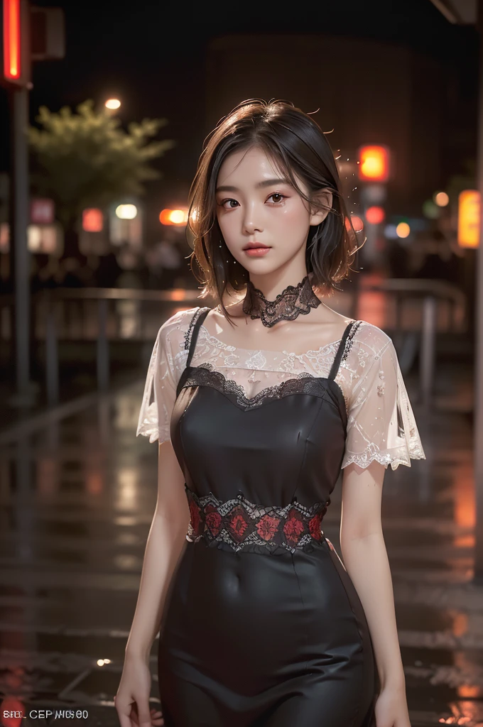 ((Highest quality, 8K, lace maxi dress, Standing in the rain, Red Light District, Highly detailed face and skin texture, Fine grain, double eyelid.)