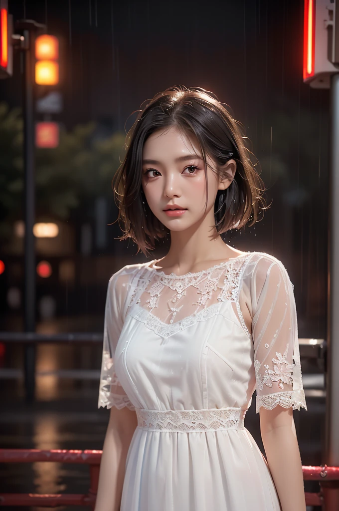 ((Highest quality, 8K, lace maxi dress, Standing in the rain, Red Light District, Highly detailed face and skin texture, Fine grain, double eyelid.)