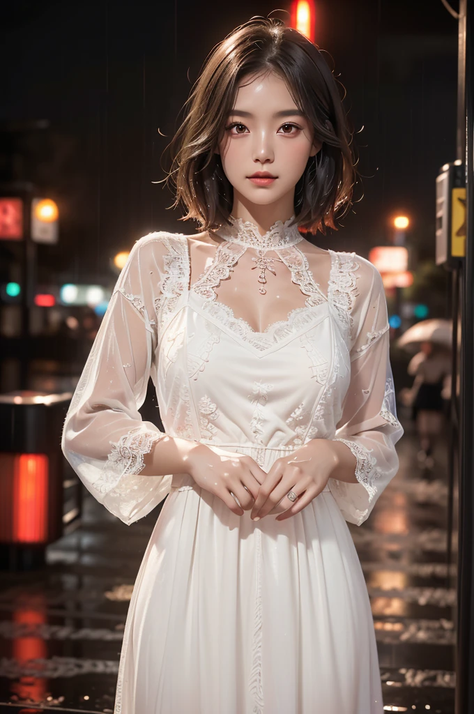 ((Highest quality, 8K, lace maxi dress, Standing in the rain, Red Light District, Highly detailed face and skin texture, Fine grain, double eyelid.)