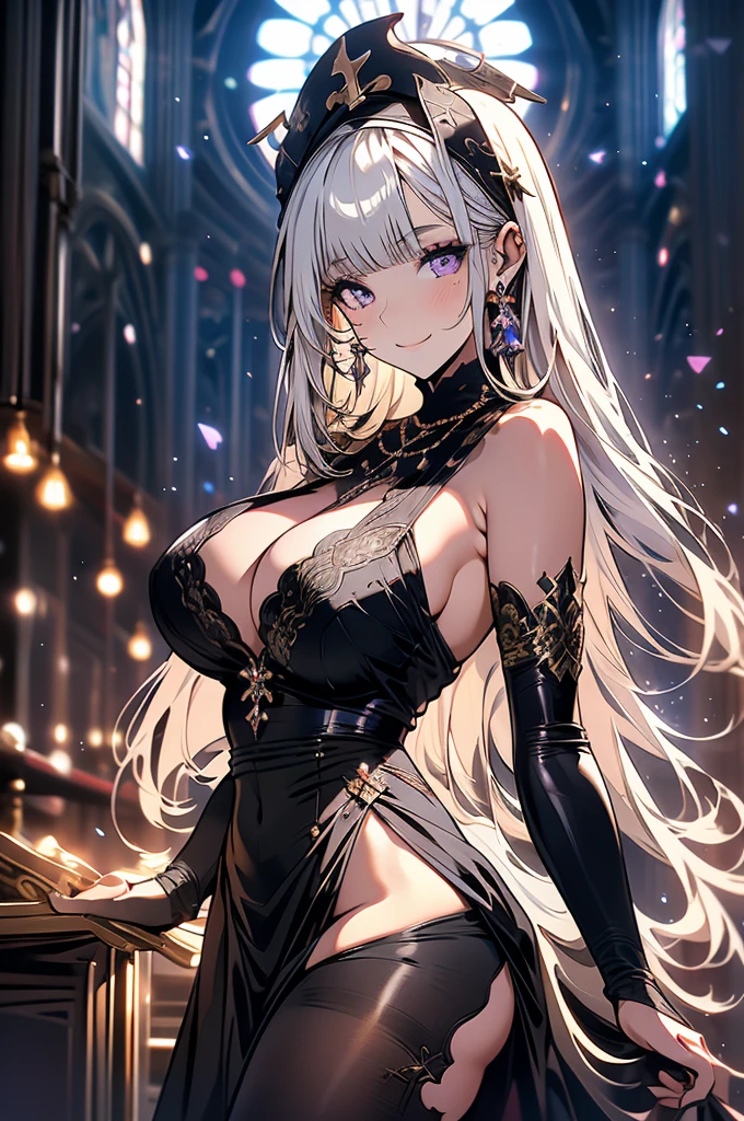 an extremely beautiful 22 year old woman, , 160cm, long pale blond hair, bangs, violet eyes, a voluptuous figure, large breasts (thigh slit nun outfit) In a medieval church, magic, innocent smile, flushed face,