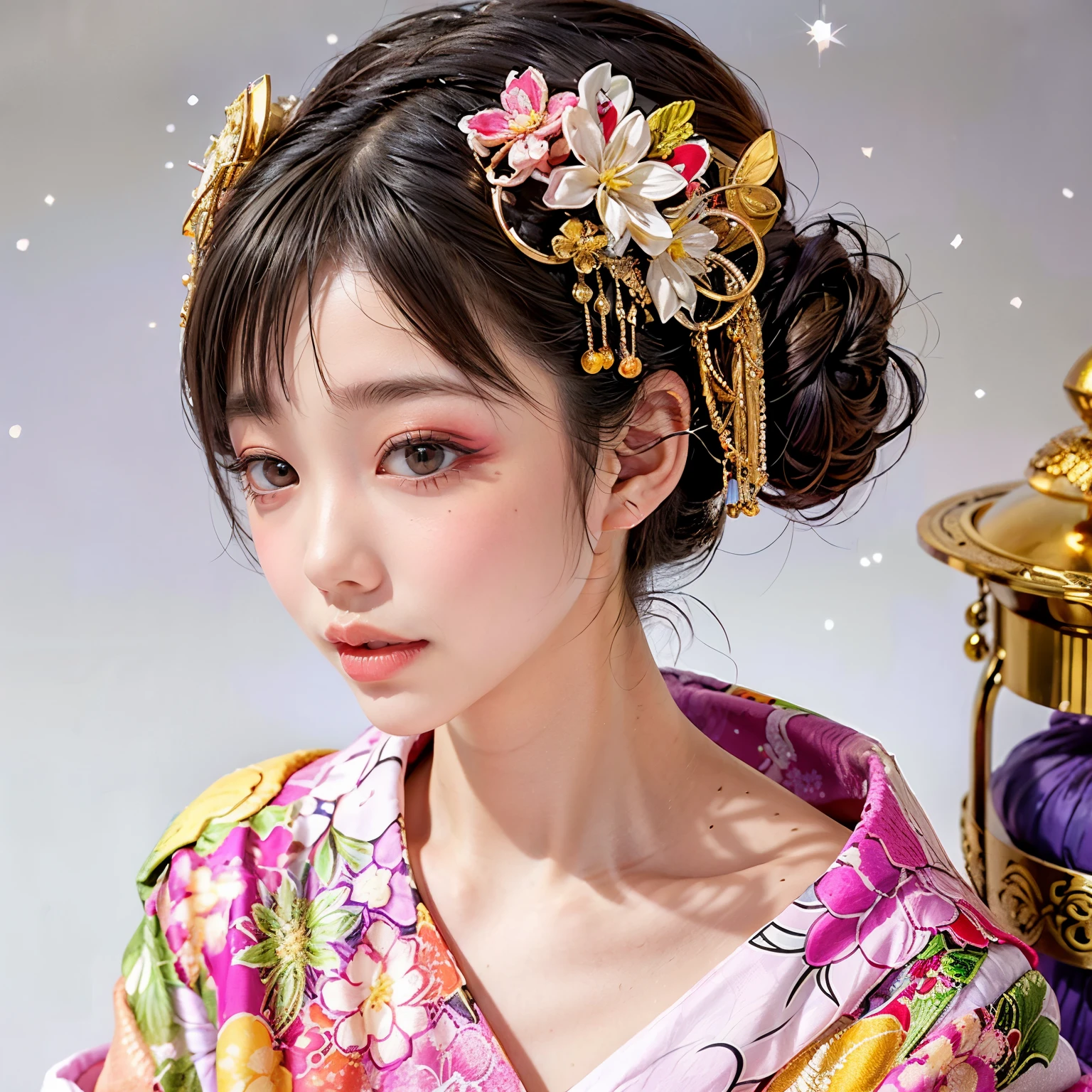 (PUNIPUNI clavicle KIMONO ((offshoulder)) KANZASHI FlowerHairpins Topknot TwinBun Oiran-Hair)High-level, 8K Masterpiece TopQuality, Ultra-detailed CG, Absurd detailed wallpaper, PerfectLighting, Extremely detailed (((Personifying " OIRAN " as a KAWAII Girl))), Characteristic Items, aesthetic LifeLike Rendering, MysticSight, Haze Tyndall Scattering, (Studio GRAY Background with (Oodles Dazzling Iridescent 🌈Particles (BokeH))), (((Assfocus)) RoundlyButt) ThighGap, (Exposed:0.44) 🔞 BREAK (Acutance:0.8), (NOGIZAKA FaceVariations) Extremely Detailed very KAWAII FaceVariations, Childish CaptivatingGaze ElaboratePupils ParfectEyes with (SparklingHighlights:1.28), (Voluminous LongEyelashes:0.88), 💄💋✨ GlossyRedLips with BeautifulDetails, CoquettishTongue, PUNIPUNI RosyCheeks, Radiant PearlSkin with Transparency, Glowing DowneyHair . { (Dynamic LifeLike expressions:1.4) | (:d) }, (large eyes:-1) .