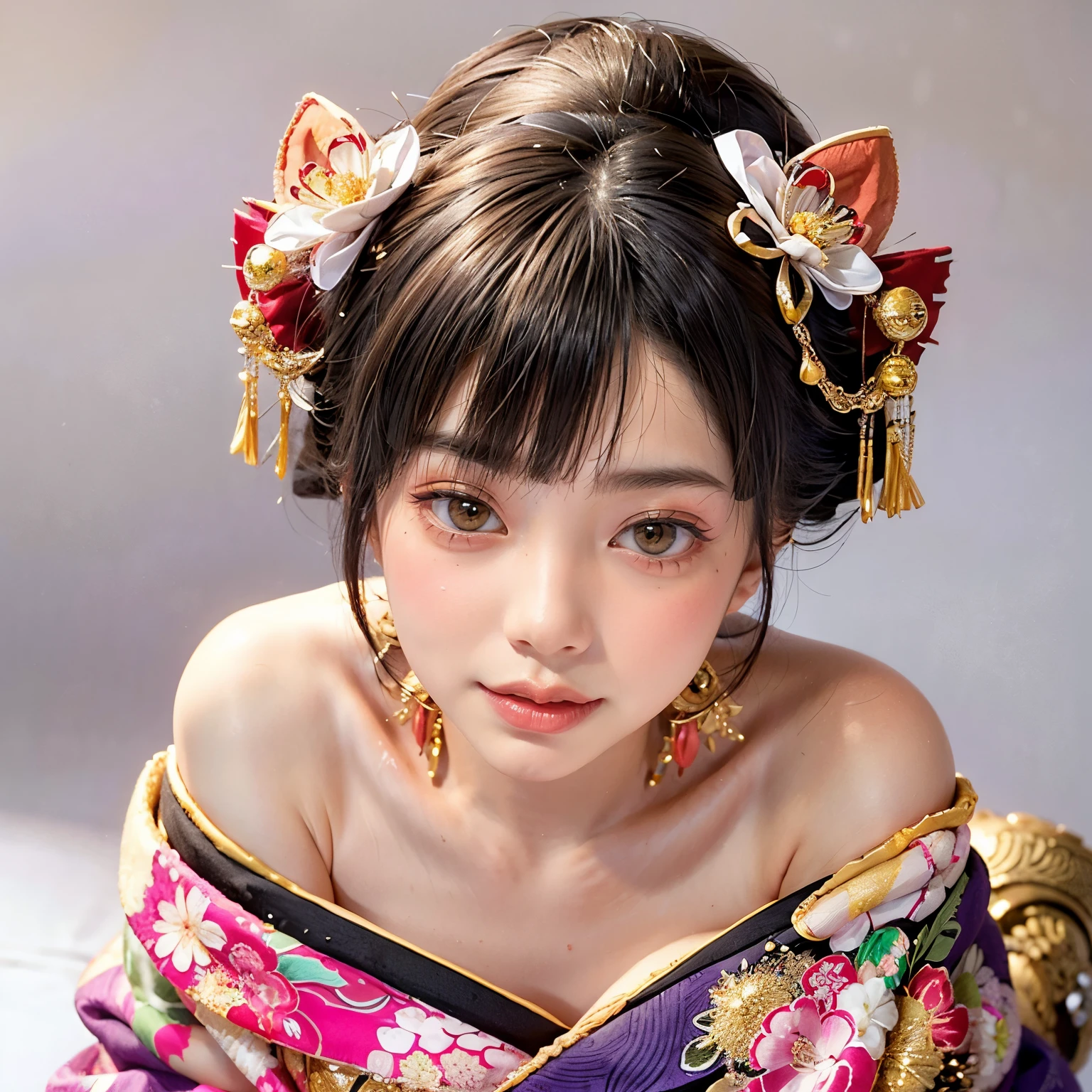 (PUNIPUNI clavicle KIMONO ((offshoulder)) KANZASHI FlowerHairpins Topknot TwinBun Oiran-Hair)High-level, 8K Masterpiece TopQuality, Ultra-detailed CG, Absurd detailed wallpaper, PerfectLighting, Extremely detailed (((Personifying " OIRAN " as a KAWAII Girl))), Characteristic Items, aesthetic LifeLike Rendering, MysticSight, Haze Tyndall Scattering, (Studio GRAY Background with (Oodles Dazzling Iridescent 🌈Particles (BokeH))), (((Assfocus)) RoundlyButt) ThighGap, (Exposed:0.44) 🔞 BREAK (Acutance:0.8), (NOGIZAKA FaceVariations) Extremely Detailed very KAWAII FaceVariations, Childish CaptivatingGaze ElaboratePupils ParfectEyes with (SparklingHighlights:1.28), (Voluminous LongEyelashes:0.88), 💄💋✨ GlossyRedLips with BeautifulDetails, CoquettishTongue, PUNIPUNI RosyCheeks, Radiant PearlSkin with Transparency, Glowing DowneyHair . { (Dynamic LifeLike expressions:1.4) | (:d) }, (large eyes:-1) .