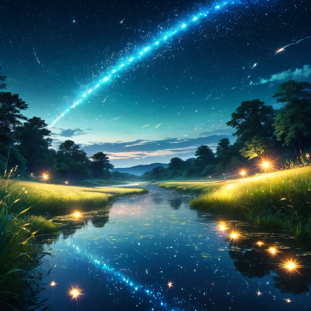 summer night, countryside, Riverside, fire Fly, Light trail, Grassland, Silence, starry skies, water surface, reflection, Fantasy, mysterious, Nostalgic, beautiful, Photorealistic, high resolution, 8K