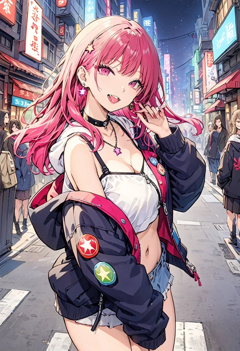 (masterpiece:1.2)、Highest quality、PIXIV、Rebellious girl、One girl、Open your mouth、鋭いteeth、teeth、Long Hair、Street background、gem、badge、ボタンbadge、Food、Pink Eyes、Earrings、Jacket、eyelash、Foodを下にして、star (symbol)、Upper Body、Characters in clothes、zipper、collar、cable、chain、tongue、Stickers、hoodie、smile、spike、Focus on the viewer、長いtongue、Chest in the center、Shoulder Bare、Belly button、Colorful hair colors,leaning forward,Cyberpunk city,Night view