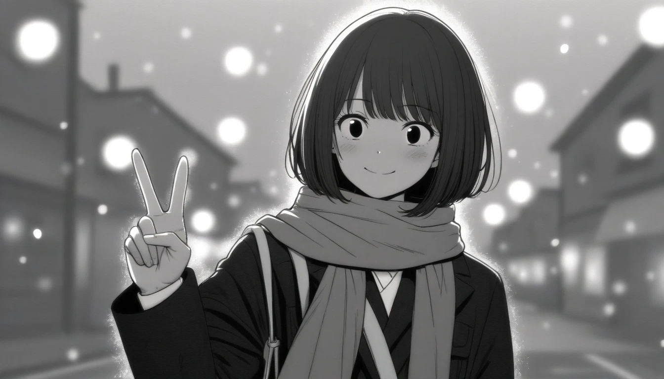 masterpiece, best quality, 1girl, mamerakkkkko, grayscale, manga style, japanese, chi no wadachi, black eyes, street, iced, black hair, schoolbag, smile, lineart, black coat, black scarf, black pleated skirt, leggins, centered, 18 years old, tall, fair skinned, bokeh background, streaming, bob cut, light particles, centered, snowing, (((v, perfect hand, detailed hand:1.1)), emotional anime scene, (very aesthetic, best quality, ultra detailed), intricate details
