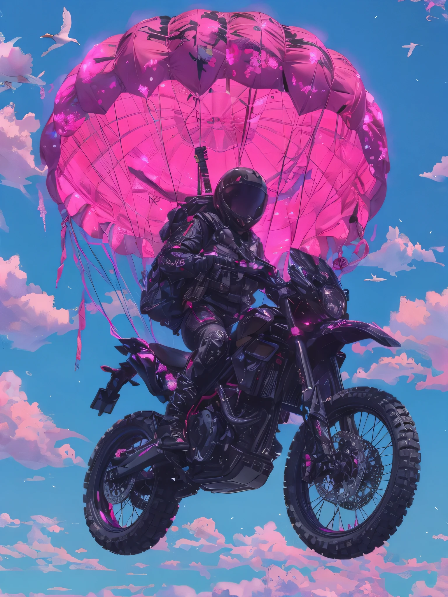 A parachutist also biker girl in a black helmet, is flying in the air. There is a swan next to it. The motorcycle is black and pink in color. The parachute is very large and pink in color. Other paratroopers are flying behind. hyper realistic