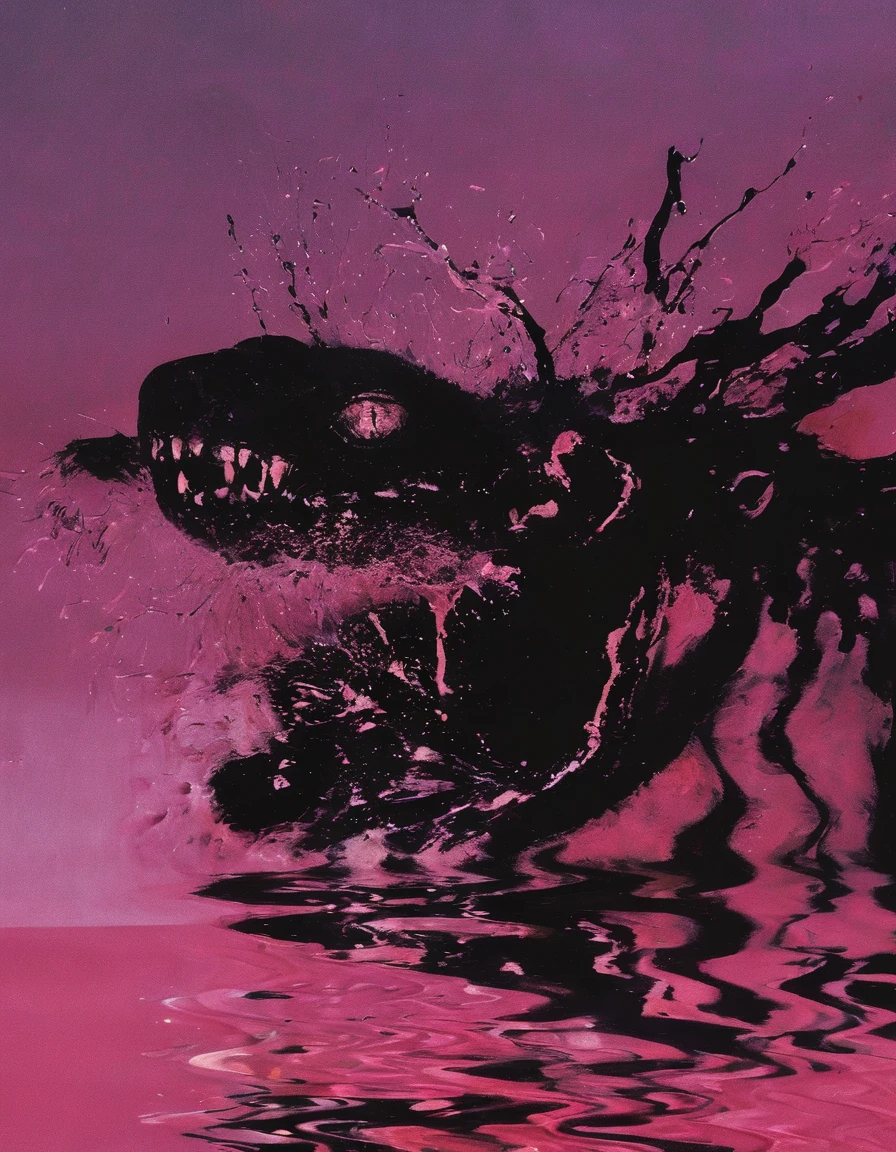 face in agony in black water, pink sunset background
