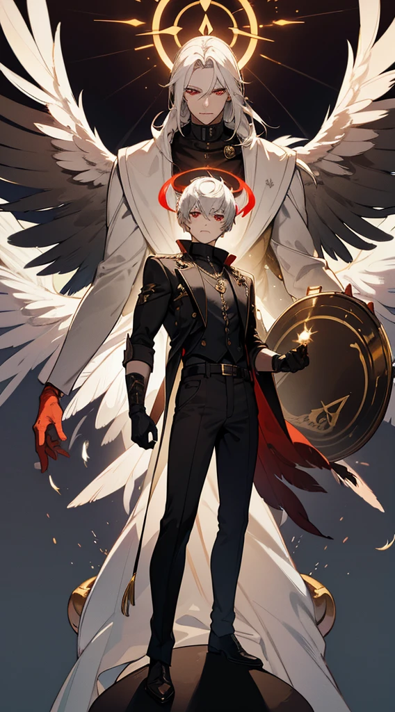 character sheet, character design, multiple angles, full body, book cover, artistic image, three versions of the character, an angel character, a demon character, human character, Handsome man, white hair, very short hair, ((crew cut: 1)), red eyes, fair skin, (( muscular: 1)), man, 28 years old, muscular, in good shape, muscular. no shirt, gold details, brown leather shawl, baggy gray pants, black and brown belts, black boots, brown gloves, lots of belts, red halo, halo behind the head, feathers flying, horns on the head, feathers falling, angel transformation, transformation Demon, human will not transform, three transformations, black feathers, white feathers, elemental power of light, elemental power of shadow, a seraph of chaos, several skeleton hands, power of death, power of life.




