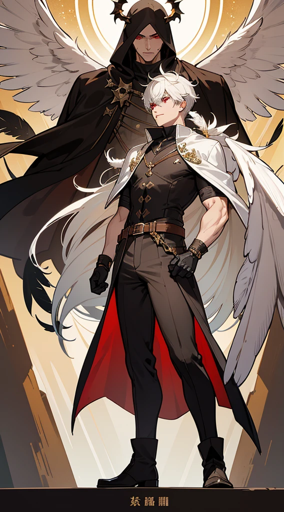 character sheet, character design, multiple angles, full body, book cover, artistic image, three versions of the character, an angel character, a demon character, human character, Handsome man, white hair, very short hair, ((crew cut: 1)), red eyes, fair skin, (( muscular: 1)), man, 28 years old, muscular, in good shape, muscular. no shirt, gold details, brown leather shawl, baggy gray pants, black and brown belts, black boots, brown gloves, lots of belts, red halo, halo behind the head, feathers flying, horns on the head, feathers falling, angel transformation, transformation Demon, human will not transform, three transformations, black feathers, white feathers, elemental power of light, elemental power of shadow, a seraph of chaos, several skeleton hands, power of death, power of life.



