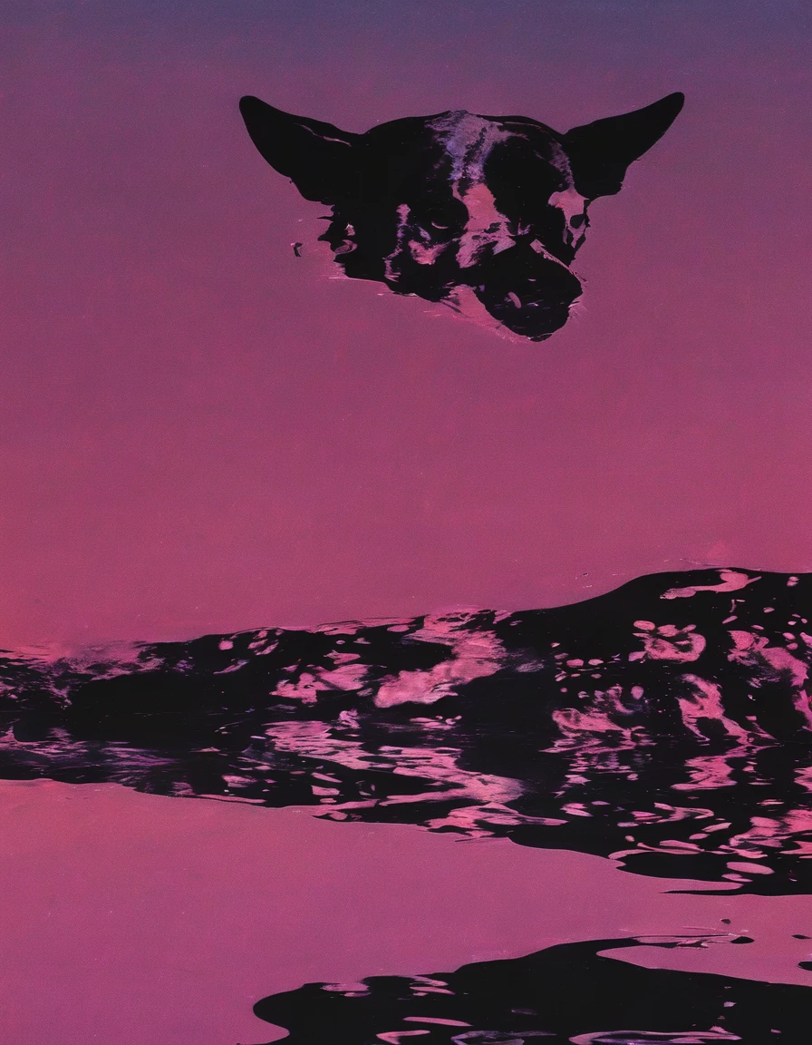 meat in black water, pink sunset background