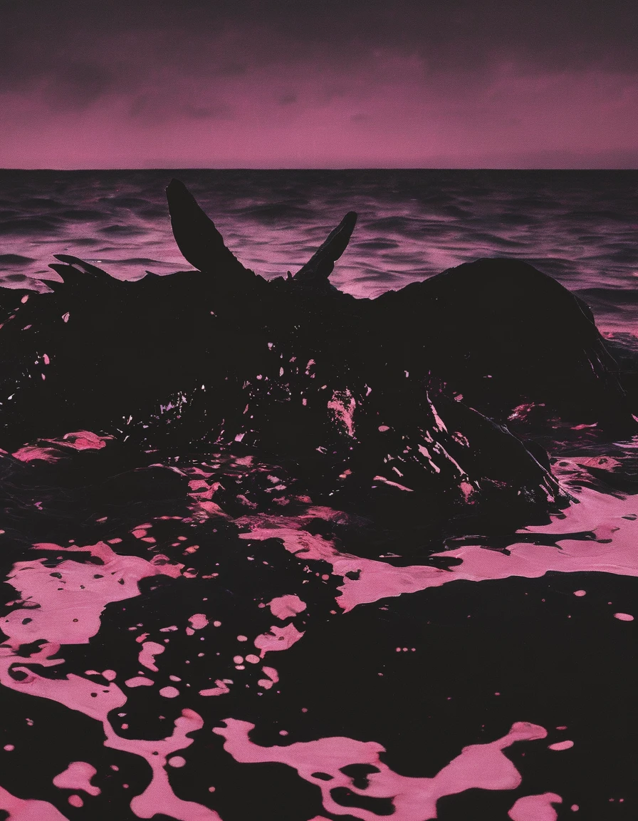 meat  in black water, pink sunset background