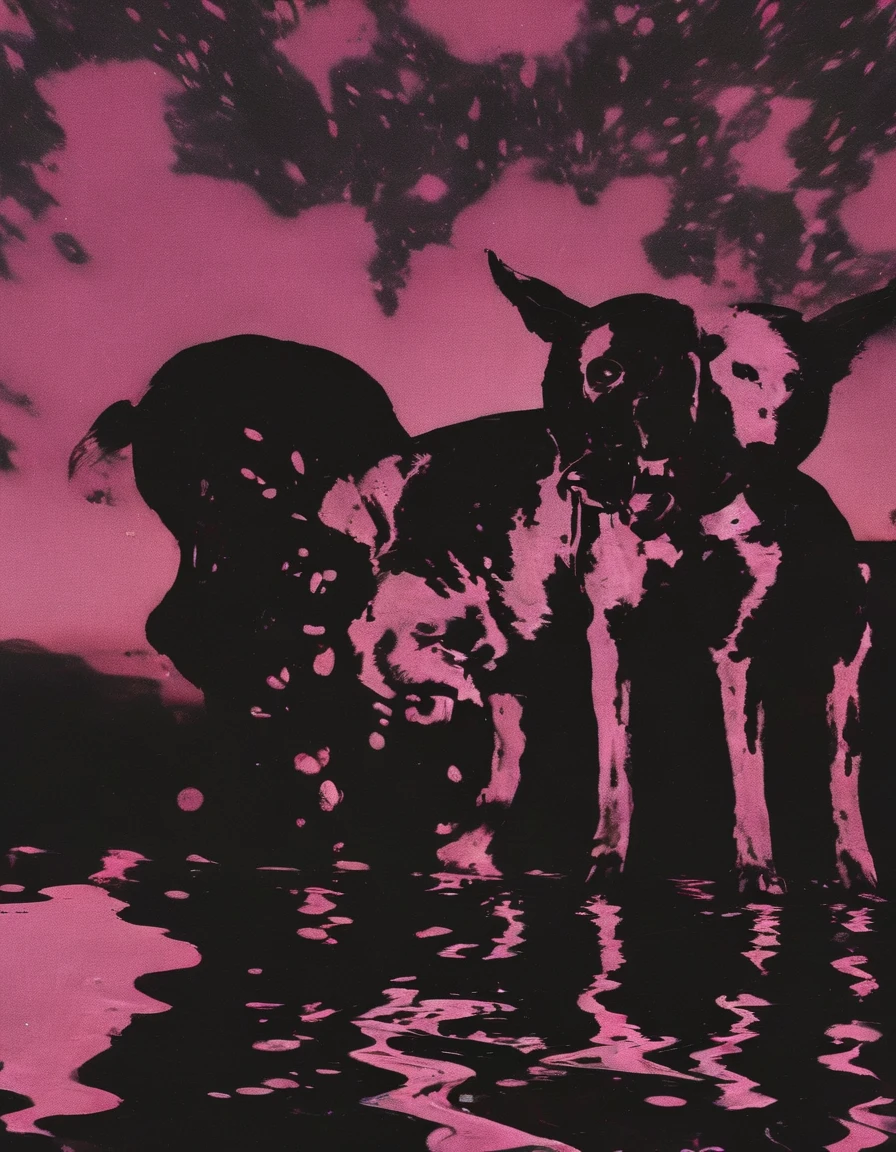 meat in black water, pink sunset background