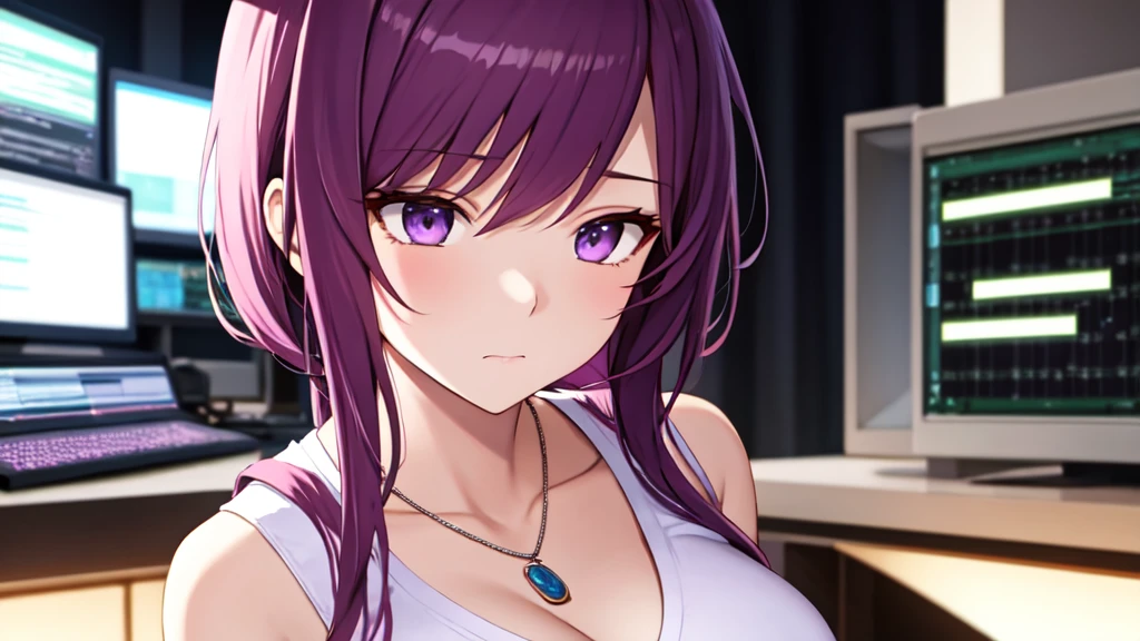 A dramatic and detailed anime-style illustration of a mature-looking girl programming at night. The girl has long purple hair and purple eyes, a white tank top with a necklace. She is surrounded by programming equipment. The background is filled with blurred programming equipment and soft glowing lights, creating a cozy yet focused atmosphere. The lighting is a mix of cool and warm tones, adding to the dramatic effect. The camera angle is a close-up, focusing on the girl's face and breast and upper body, emphasizing her shy and focused expression.