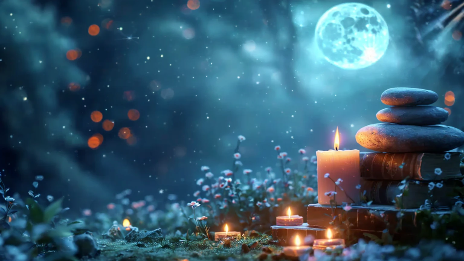 There is a candle and a stone on the table on the grass, night with Moon and candle, Moon and candle, Dreamy atmosphere of a moonlit night, Magic Background, Peaceful atmosphere, Magical atmosphere, soft Moonlight Illumination, Moonlight lighting, Candlelit, Background artwork, Relaxed atmosphere, Moonlight Illumination, Sweet Night Ambient, Candlelight, at night with moon light, Moonlight Background