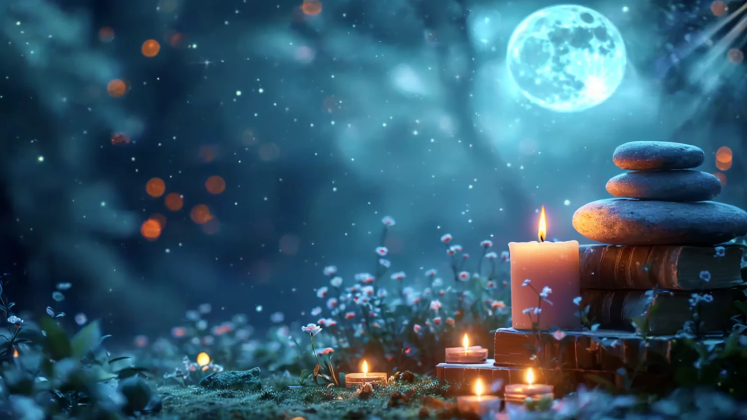 There is a candle and a stone on the table on the grass, night with Moon and candle, Moon and candle, Dreamy atmosphere of a moonlit night, Magic Background, Peaceful atmosphere, Magical atmosphere, soft Moonlight Illumination, Moonlight lighting, Candlelit, Background artwork, Relaxed atmosphere, Moonlight Illumination, Sweet Night Ambient, Candlelight, at night with moon light, Moonlight Background