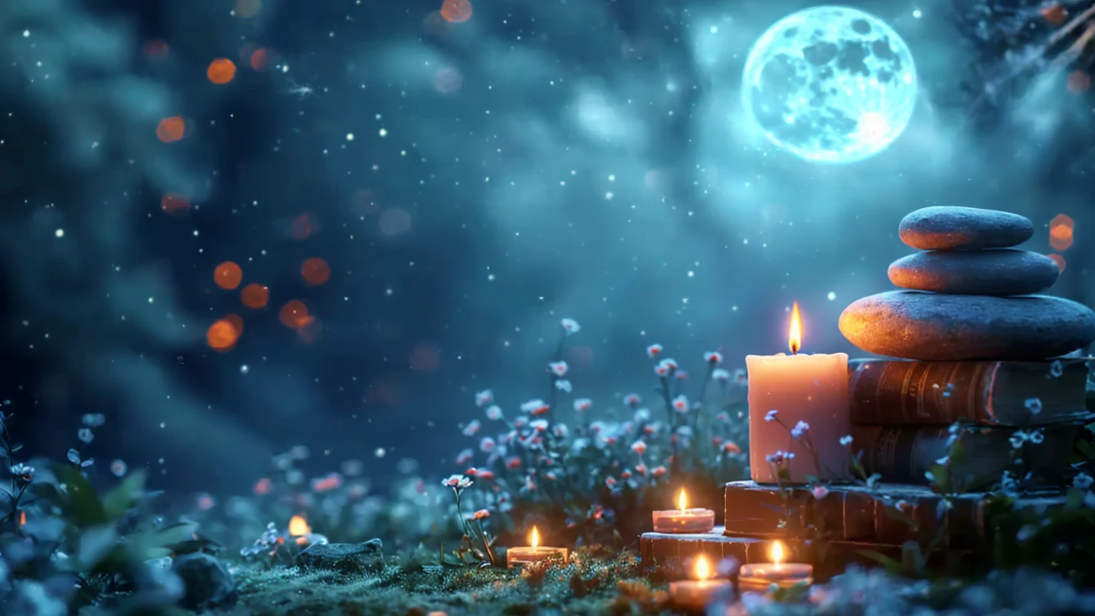 There is a candle and a stone on the table on the grass, night with Moon and candle, Moon and candle, Dreamy atmosphere of a moonlit night, Magic Background, Peaceful atmosphere, Magical atmosphere, soft Moonlight Illumination, Moonlight lighting, Candlelit, Background artwork, Relaxed atmosphere, Moonlight Illumination, Sweet Night Ambient, Candlelight, at night with moon light, Moonlight Background