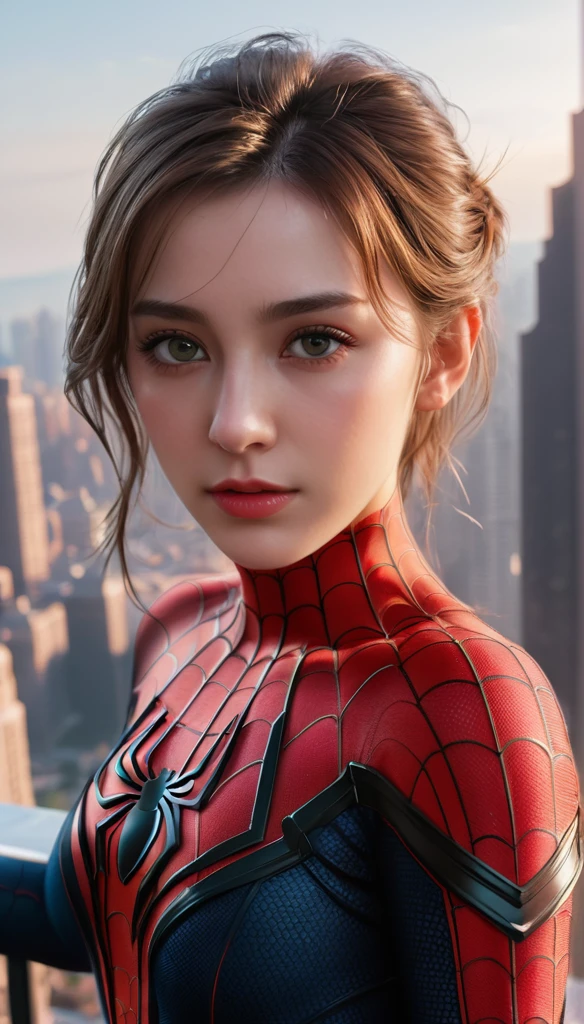 (1girl:1.3), Solo, (((Very detailed face)))), ((Very detailed eyes and face)))), Beautiful detail eyes, Body parts__, Official art, Unified 8k wallpaper, Super detailed, beautiful and beautiful, beautiful, masterpiece, best quality, original, masterpiece, super fine photo, best quality, super high resolution, realistic realism, sunlight, full body portrait, amazing beauty, dynamic pose, delicate face, vibrant eyes, (from the front), She wears Spider-Man suit, red and black color scheme, spider, very detailed city roof background, rooftop, overlooking the city, detailed face, detailed complex busy background, messy, gorgeous, milky white, highly detailed skin, realistic skin details, visible pores, clear focus, volumetric fog, 8k uhd, DSLR, high quality, film grain, fair skin, photo realism, lomography, futuristic dystopian megalopolis, translucent