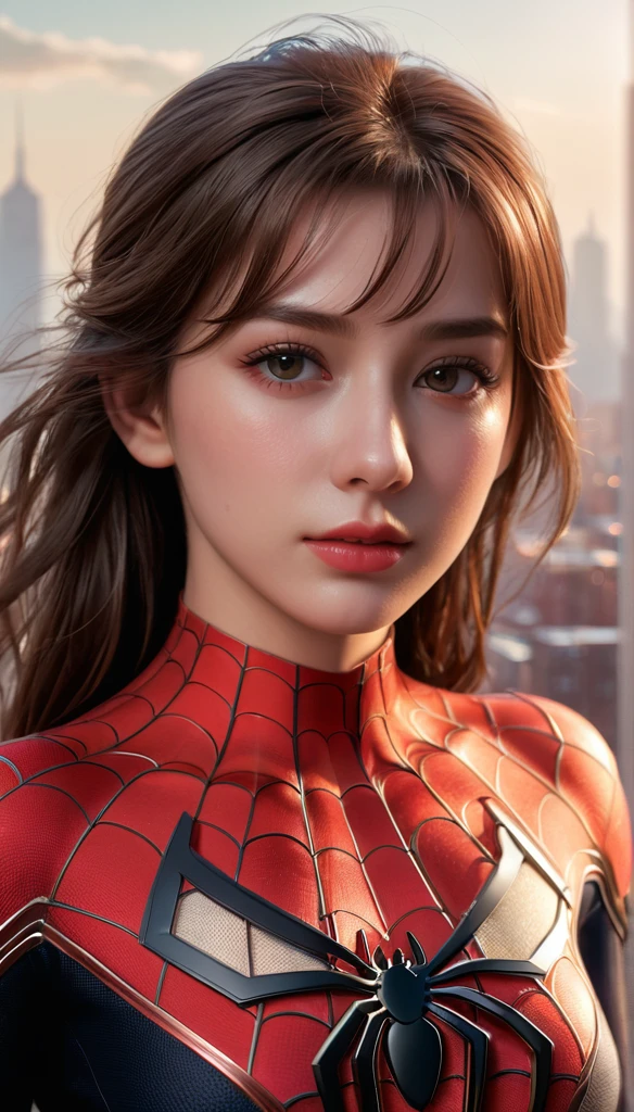 (1girl:1.3), Solo, (((Very detailed face)))), ((Very detailed eyes and face)))), Beautiful detail eyes, Body parts__, Official art, Unified 8k wallpaper, Super detailed, beautiful and beautiful, beautiful, masterpiece, best quality, original, masterpiece, super fine photo, best quality, super high resolution, realistic realism, sunlight, full body portrait, amazing beauty, dynamic pose, delicate face, vibrant eyes, (from the front), She wears Spider-Man suit, red and black color scheme, spider, very detailed city roof background, rooftop, overlooking the city, detailed face, detailed complex busy background, messy, gorgeous, milky white, highly detailed skin, realistic skin details, visible pores, clear focus, volumetric fog, 8k uhd, DSLR, high quality, film grain, fair skin, photo realism, lomography, futuristic dystopian megalopolis, translucent
