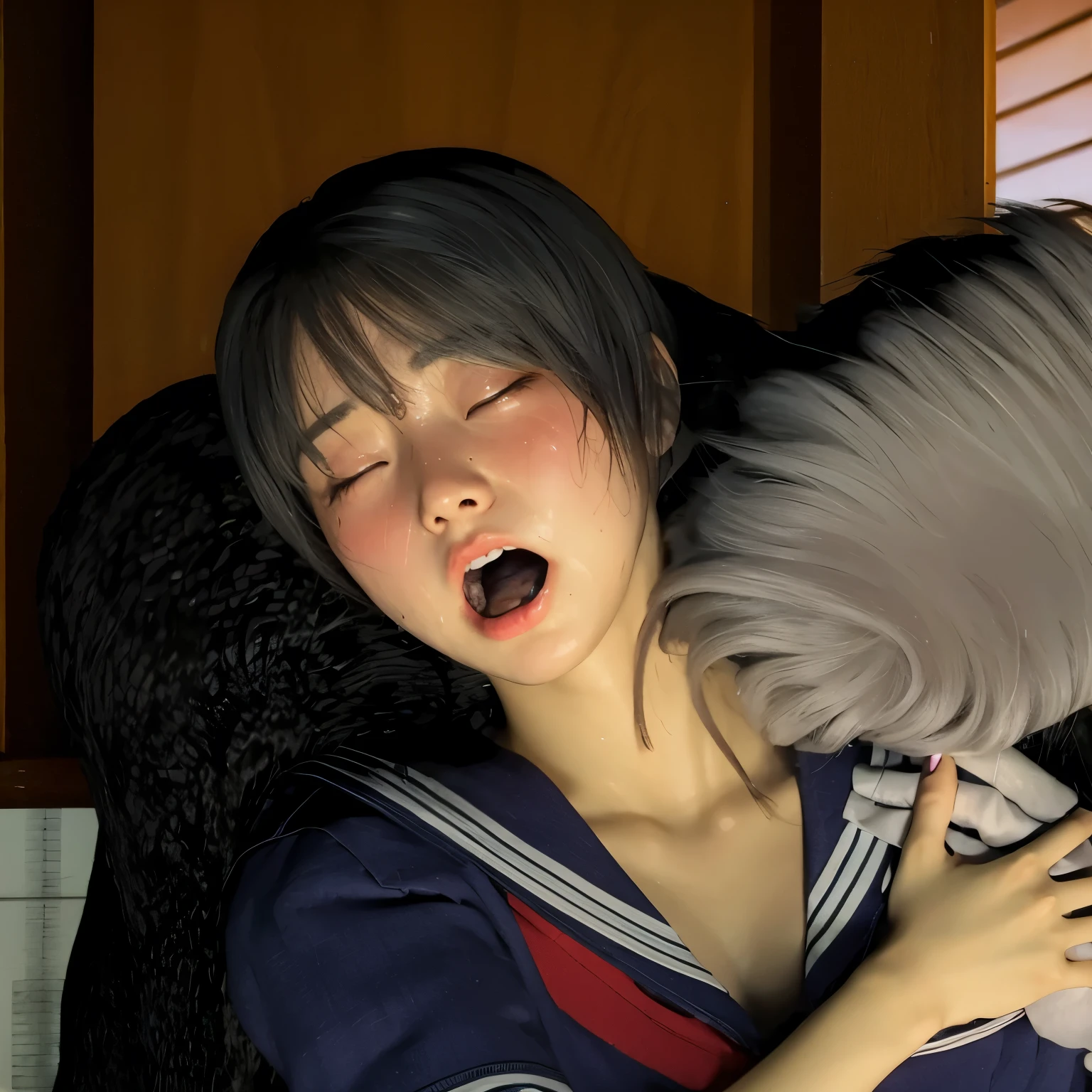 ((sad、Frightened expression))、((Sweaty、Blushing&#39;cheek、Sweaty skin))、(8K, Highest quality, masterpiece:1.2), (Realistic, photo-Realistic:1.37), Very detailed,Highest quality, Ultra-high resolution, Professional Lighting, Photon Mapping, Radio City, Physically Based Rendering, Cinema Lighting,  Midnight Road,Depth of the written border, Sharp focus,moonlight, Good composition,1 Girl,alone,(whole body), (whole body),Beautiful and beautiful eyes,((Red eyes、I&#39;I&#39;m afraid of something))、 Pause, Tight waist,Japanese , Black Hair,Messy Hair,Long hair blowing in the wind,((Navy blue socks))、(Urzan-6500:1.2)、 Mix 4, 