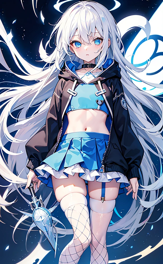 ,White hair,Blue Eyes,hoodie,Blue skirt for lower body,Fishnet stockings,flat chest。