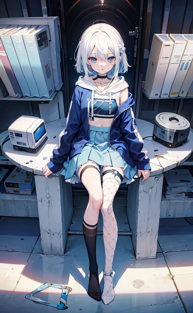 Loli，White hair，Blue Eyes，hoodie，Blue skirt for lower body，Fishnet stockings，flat chest。