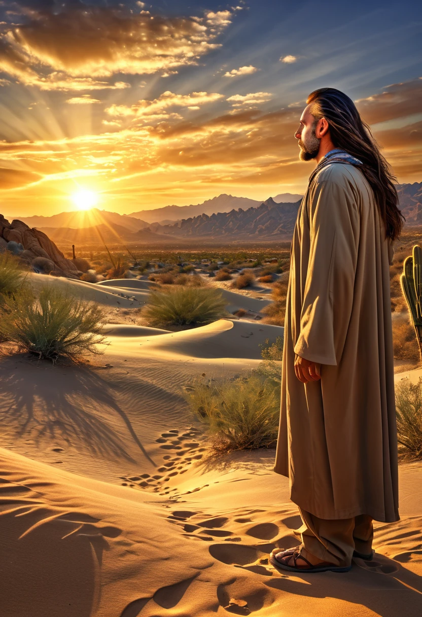 high resolution, Imagination, (realistic), prophet in the desert, composition, sunset, (hdr:1.5), outdoors, Intricate details,