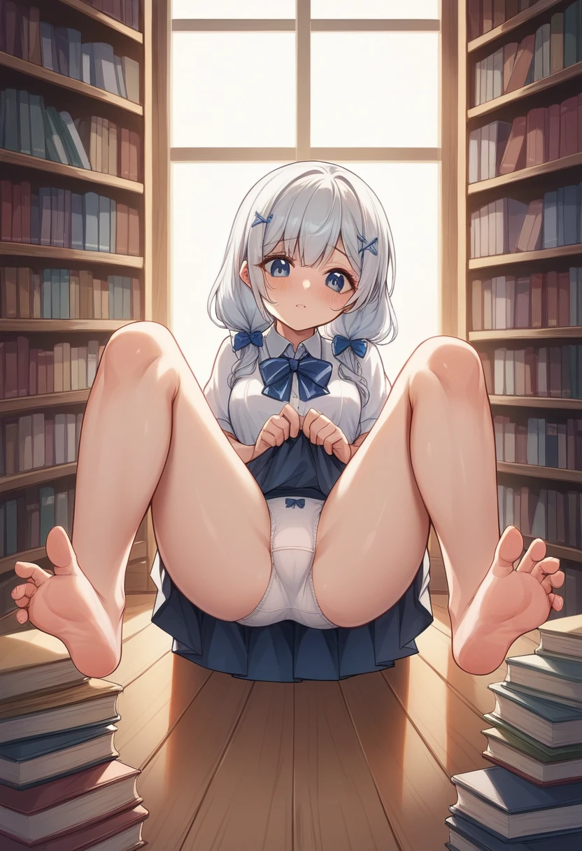 Hanazawa Kana、Plain white with boobs highlightedＴshirt、Ultramarine and white striped quatting and spreading her legs to show her underwear、When she squats down and lifts her skirt, her cute white frilly underwear is visible..、barefoot、library、Three girls of different heights 