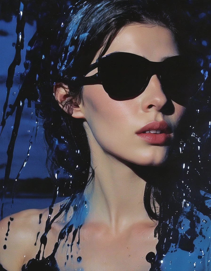 fashion model in sunglasses  in black water, blue sunset background