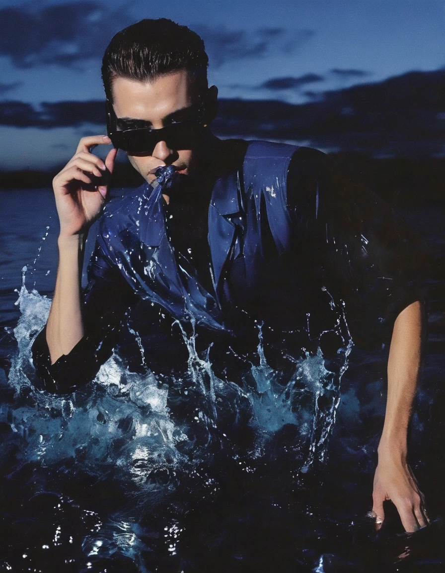 fashion model in sunglasses  in black water, blue sunset background