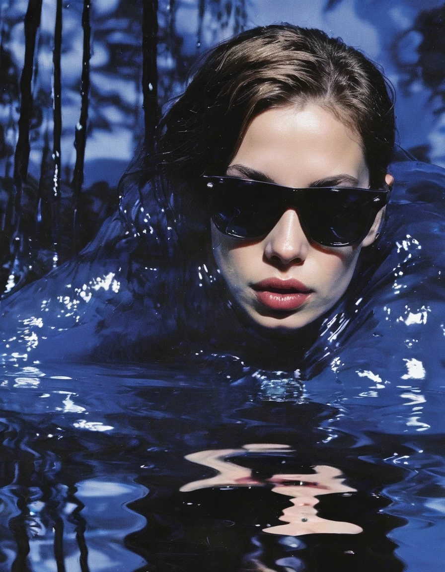 fashion model in sunglasses in black water, blue hour background