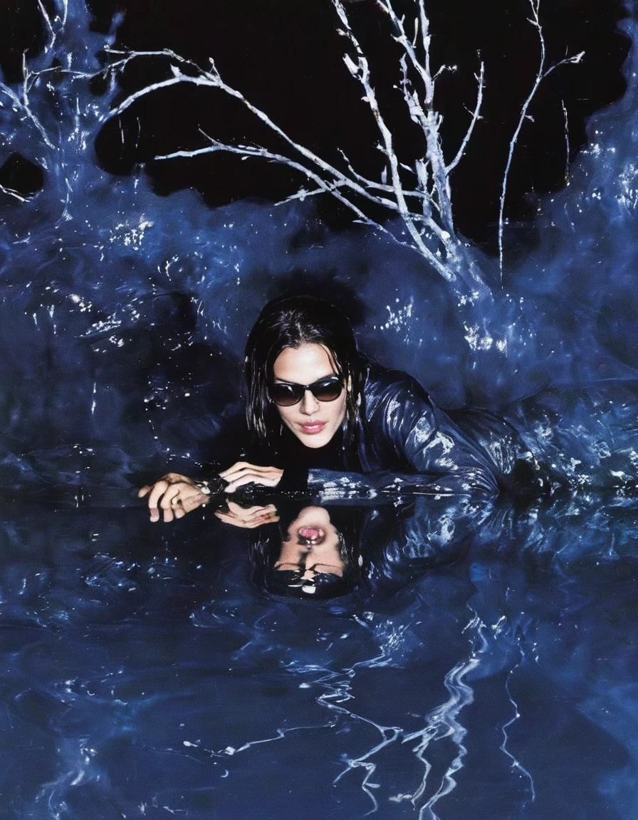 fashion model in sunglasses in black water, blue hour background