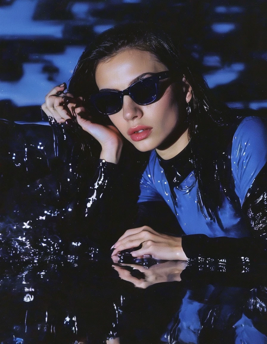 fashion model in sunglasses  in black water, blue hour background