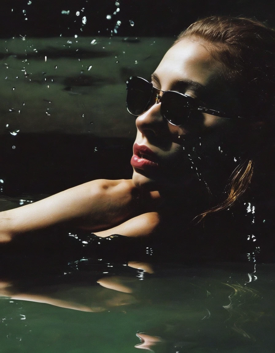 fashion model in sunglasses  in black water, green sunset background