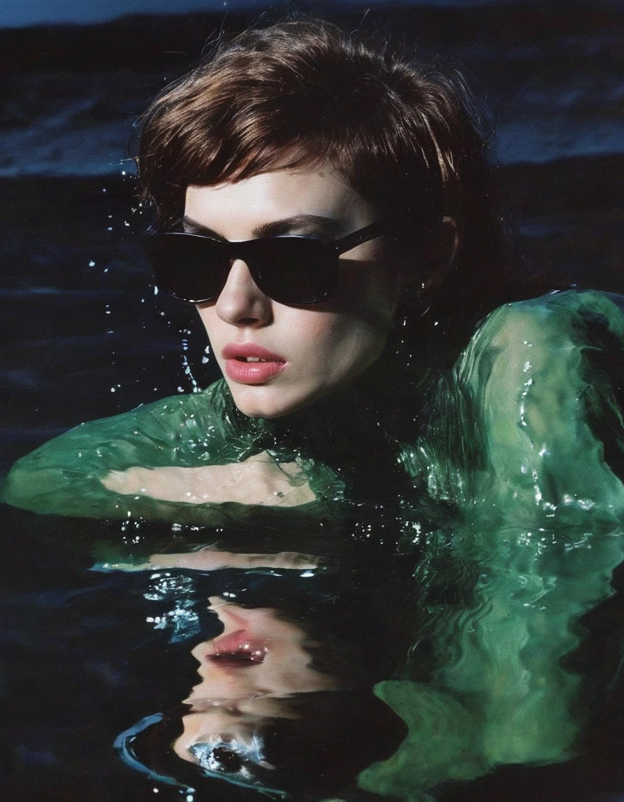 fashion model in sunglasses in black water, green sunset background