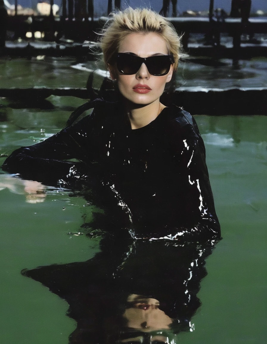 fashion model in sunglasses  in black water, green sunset background