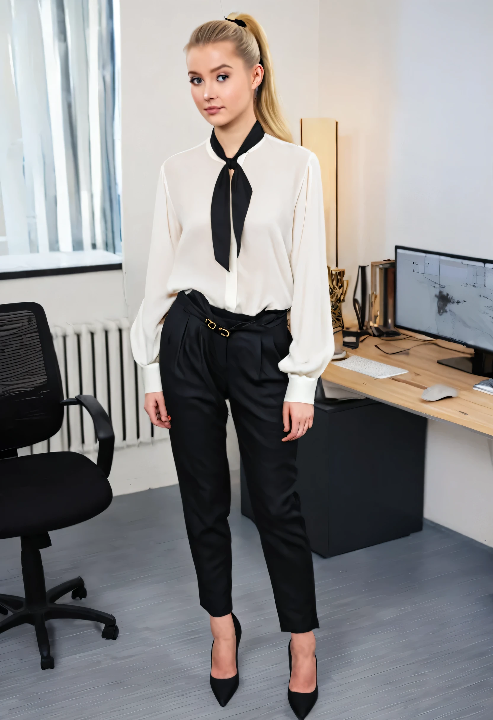 photo-realistic full-length picture of beautiful twenty-year-old Sandra, her blonde hair is tied back in a ponytail with a black ribbon, she has subtle gold studs in her ears. she wears a white silk blouse, and black linen slacks over 1” black pumps, she stands an average 165cm in height. she is in an office, standing close to her desk