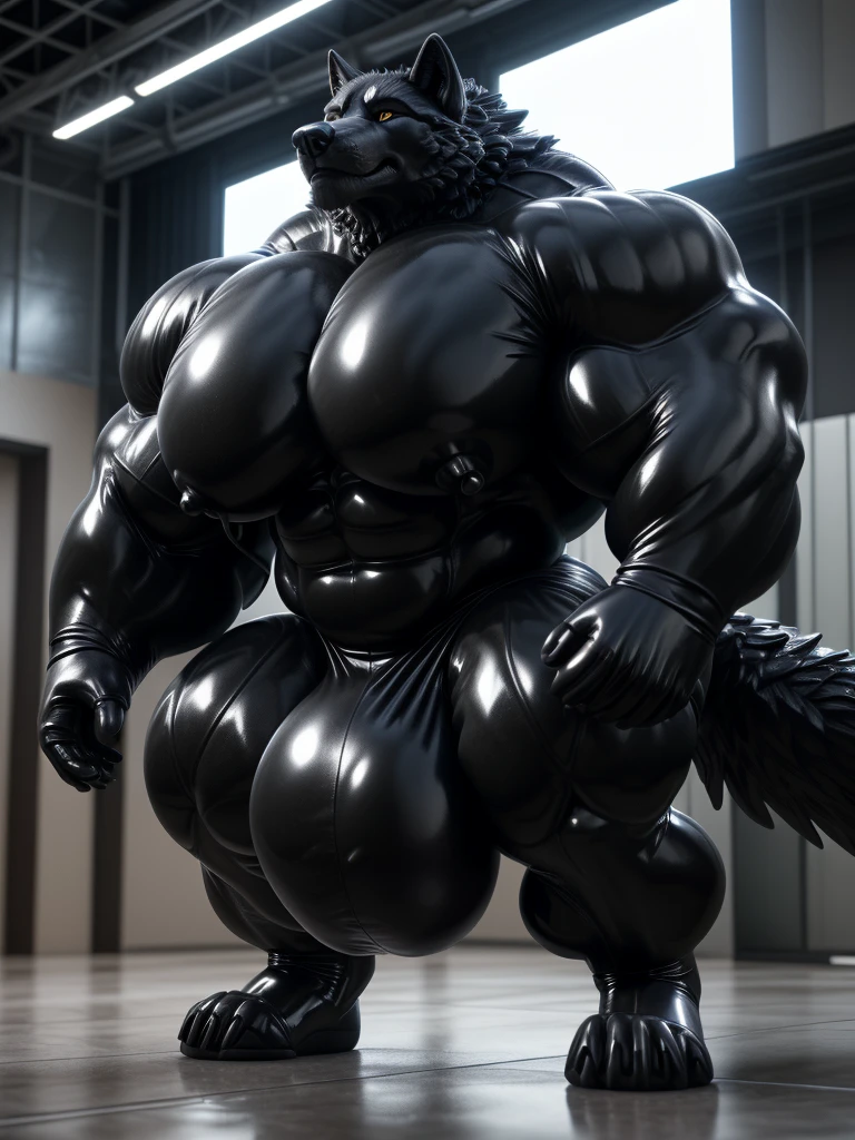solo, male, , , , (hyper pecs:1.4), (long thick thighs:1.8), standing, indoor,,(,,(,solo,very hyper muscles:1.4)((,Huge bulge:1.2)))), ,(((liquid_latex, , rubber:1.2),,black latex,goo transformation,(gooey)()(l),unreal engine,perfect light,detailed, photorealistic, 4k, hd, , , , good anatomy, , (), ,, high quality, best quality, concept art, photorealistic, octane rende,,wolf