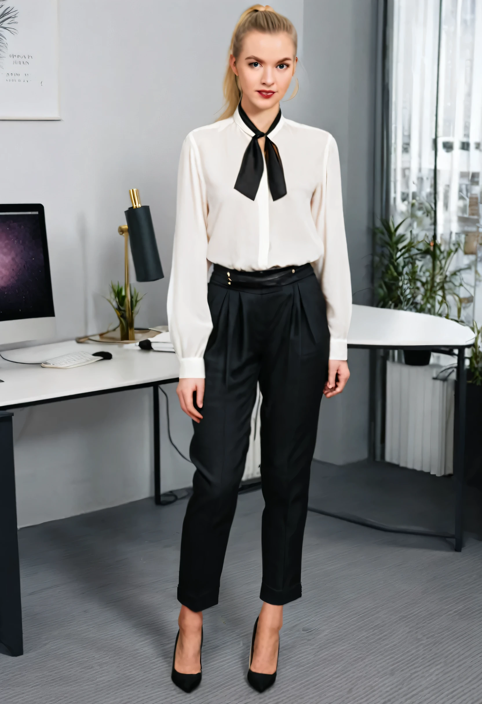 photo-realistic full-length picture of beautiful twenty-year-old Sandra, her blonde hair is tied back in a ponytail with a black ribbon, she has subtle gold studs in her ears. she wears a white silk blouse, and black linen slacks over 1” black pumps, she stands an average 165cm in height. she is in an office, standing close to her desk