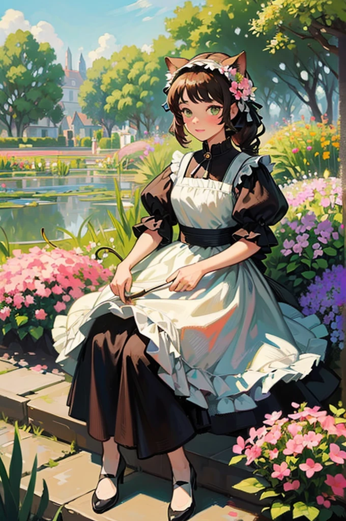 
(1 girl: 1.5), focus on girl, garden, oil painting, Monet, impressionist, flower, garden, grass, stone steps, flower pot, wand, housewife , [Doctor] cat ears, close-up, holding a flower basket, rich gradient, extreme color, extreme detail ,clear light perception,