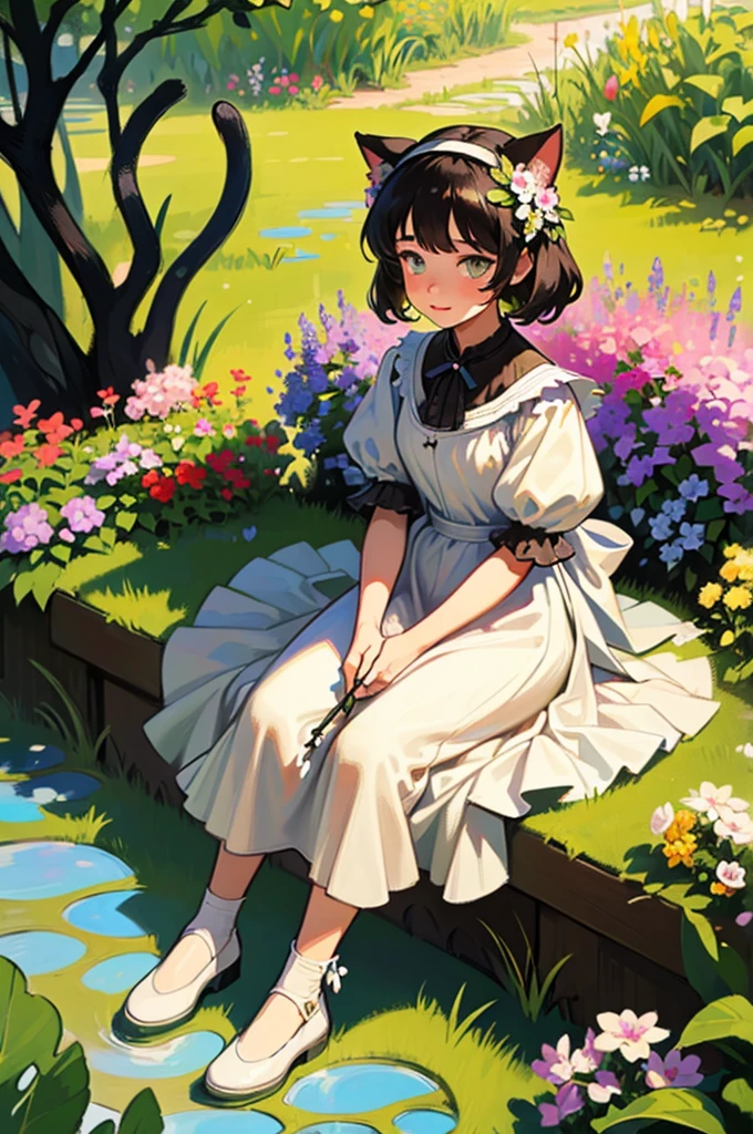 
(1 girl: 1.5), focus on girl, garden, oil painting, Monet, impressionist, flower, garden, grass, stone steps, flower pot, wand, housewife , [Doctor] cat ears, close-up, holding a flower basket, rich gradient, extreme color, extreme detail ,clear light perception,