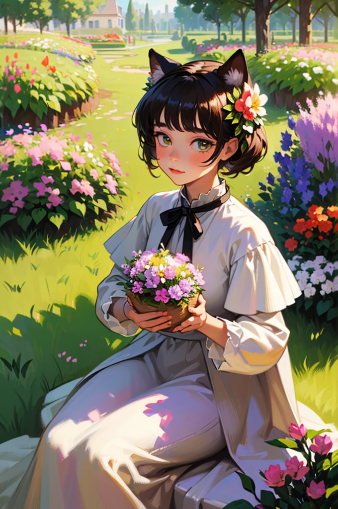 
(1 girl: 1.5), focus on girl, garden, oil painting, Monet, impressionist, flower, garden, grass, stone steps, flower pot, wand, housewife , [Doctor] cat ears, close-up, holding a flower basket, rich gradient, extreme color, extreme detail ,clear light perception,