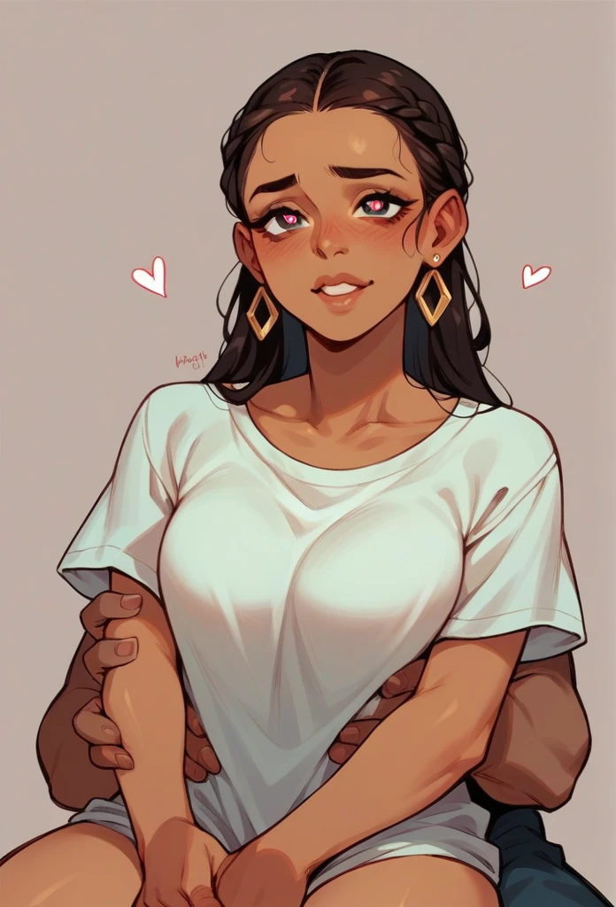 Latina squishy belly wife, dark skinned husband. Heart eyes. Sitting on his lap. French braids